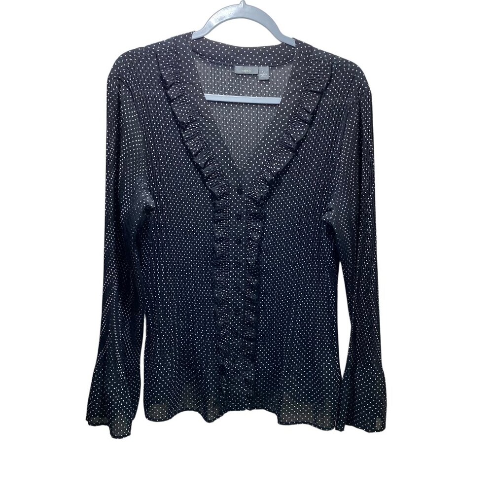 Y2K 90s Whimsigoth Sheer Ruffle‎ Polka Dots Flare Sleeves Top Womens XL Black